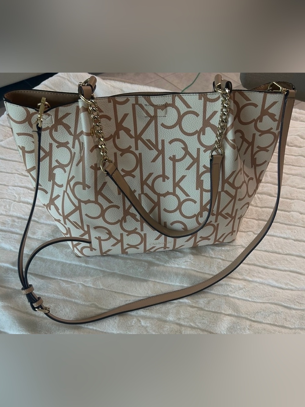 Calvin Klein Cream and Tan Monogram Tote